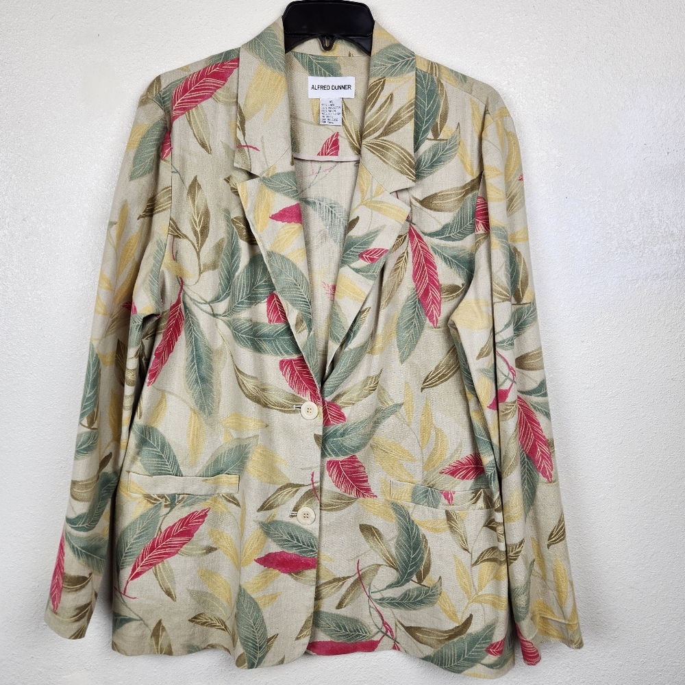 Vintage Alfred Dunner Linen Blend Floral Leaf Blazer Women's Size 16 Colorful
